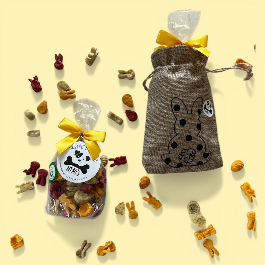 Osterjutebeutel mit 50 Gramm Osterleckerlies in Geschenkverpackung