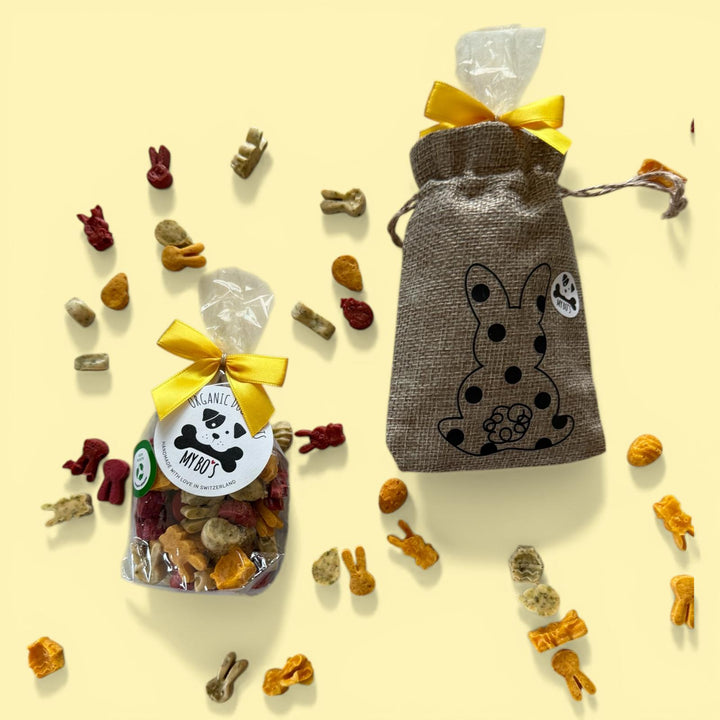 Osterjutebeutel mit 50 Gramm Osterleckerlies in Geschenkverpackung