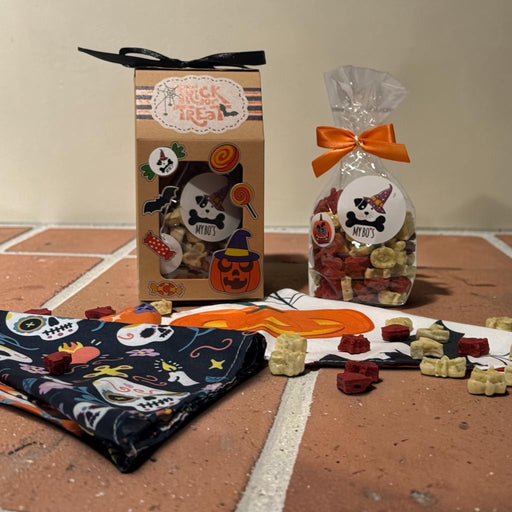 Braune Halloween Karton-Box mit 100 Gramm Halloweenleckerlies (mit oder ohne Bandana)