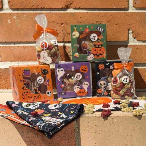 Halloween Karton-Box mit 50 Gramm Halloweenleckerlies (mit oder ohne Bandana)